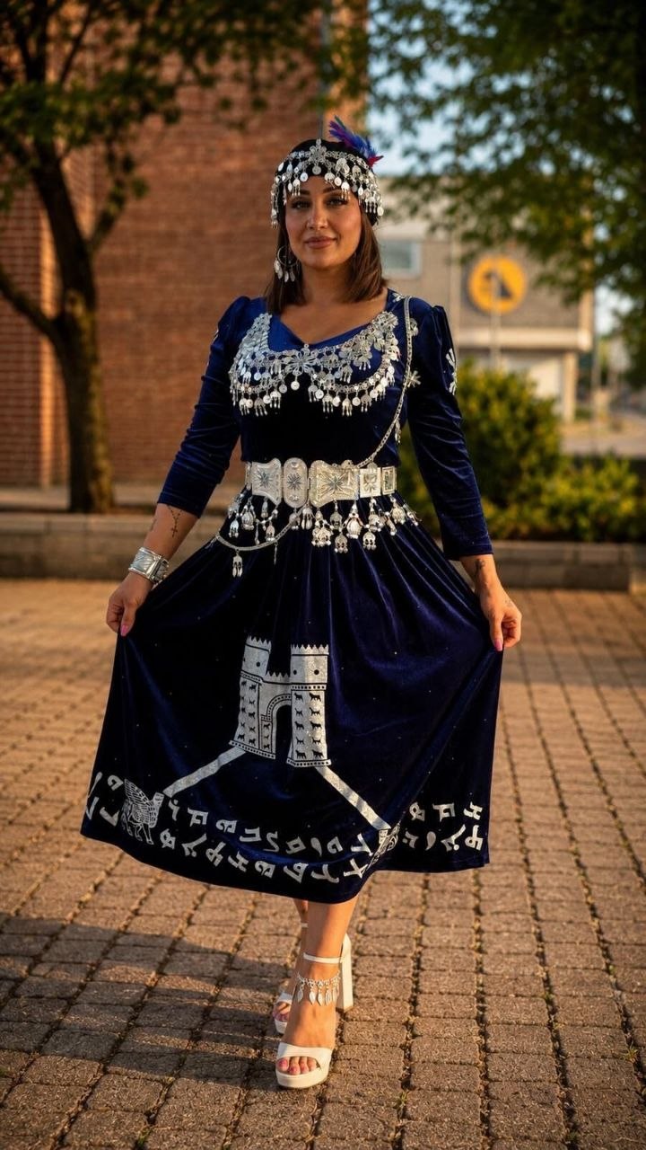 Navy Assyrian dress with silver details, worn outdoors